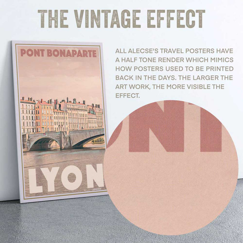 Detailed macro of Lyon poster top title featuring Alecse’s signature half-tone style