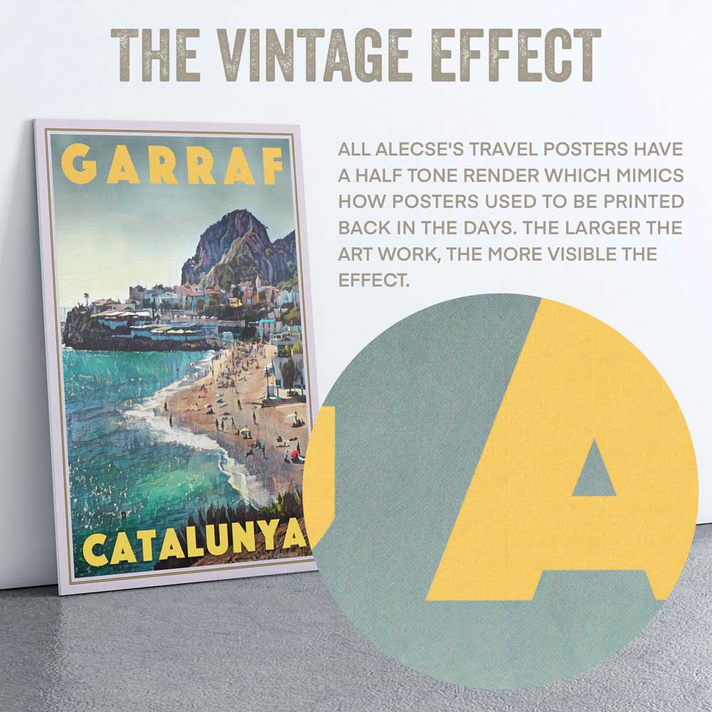 Macro view of the Garraf Beach poster's title letters showcasing Alecse's half-tone render.