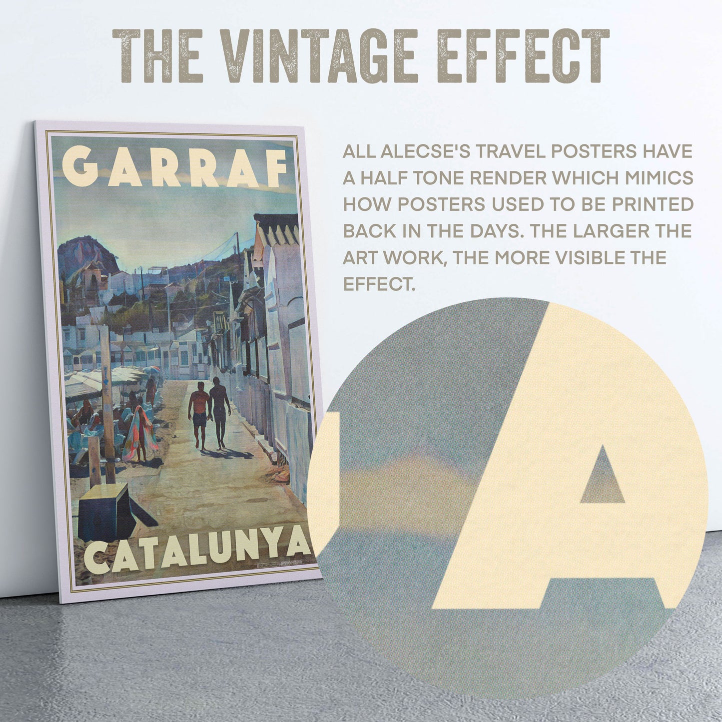 Zoomed detail of Alecse’s Garraf Beach Huts poster demonstrating the vintage halftone printing effect.