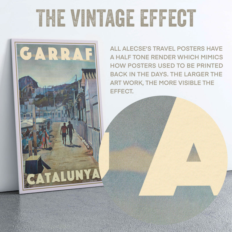 Zoomed detail of Alecse’s Garraf Beach Huts poster demonstrating the vintage halftone printing effect.