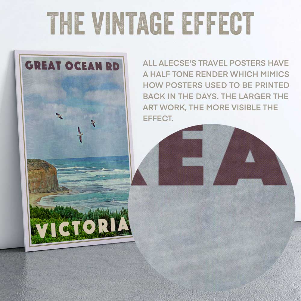 Macro view of the Great Ocean Road, Victoria poster highlighting Alecse’s signature half-tone render effect, adding a nostalgic vintage texture