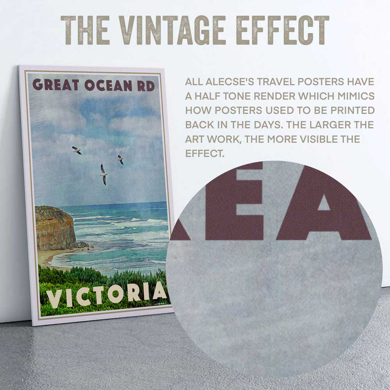 Macro view of the Great Ocean Road, Victoria poster highlighting Alecse’s signature half-tone render effect, adding a nostalgic vintage texture