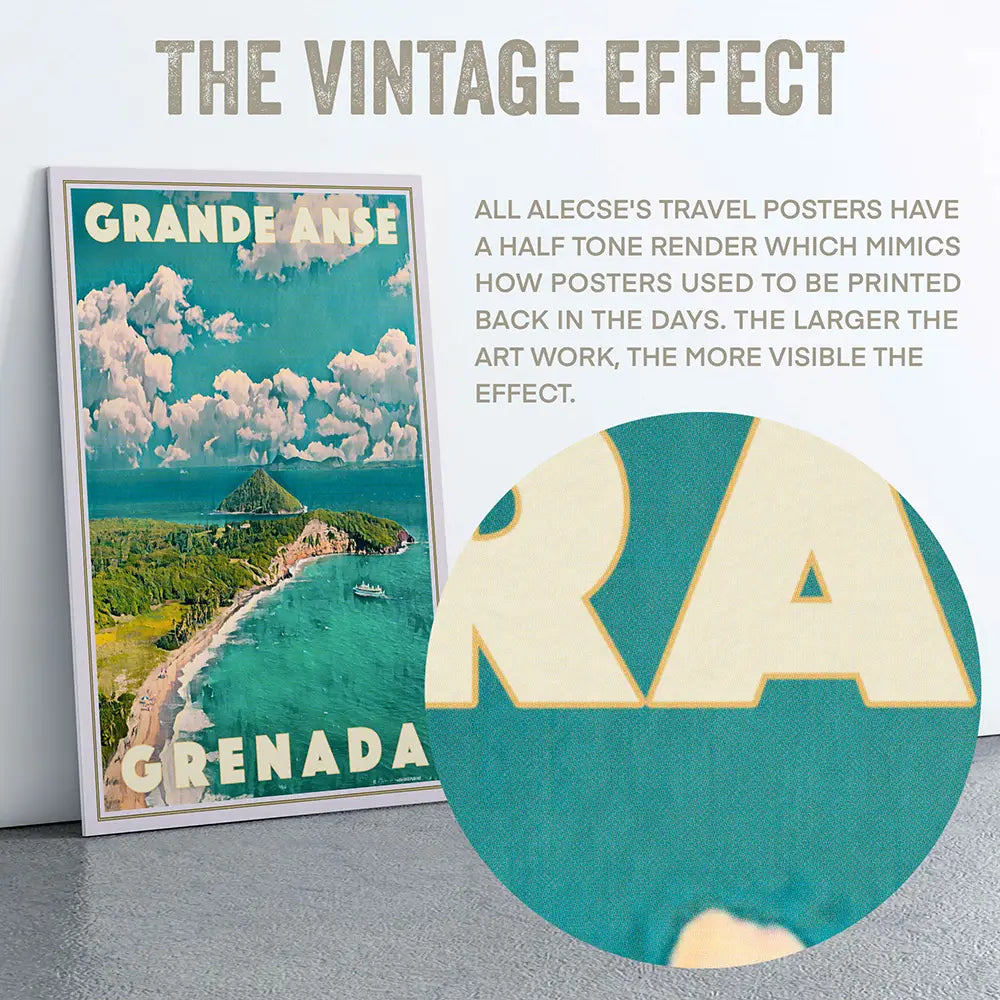 Vintage effect detail on Alecse's Grande Anse Grenada travel poster