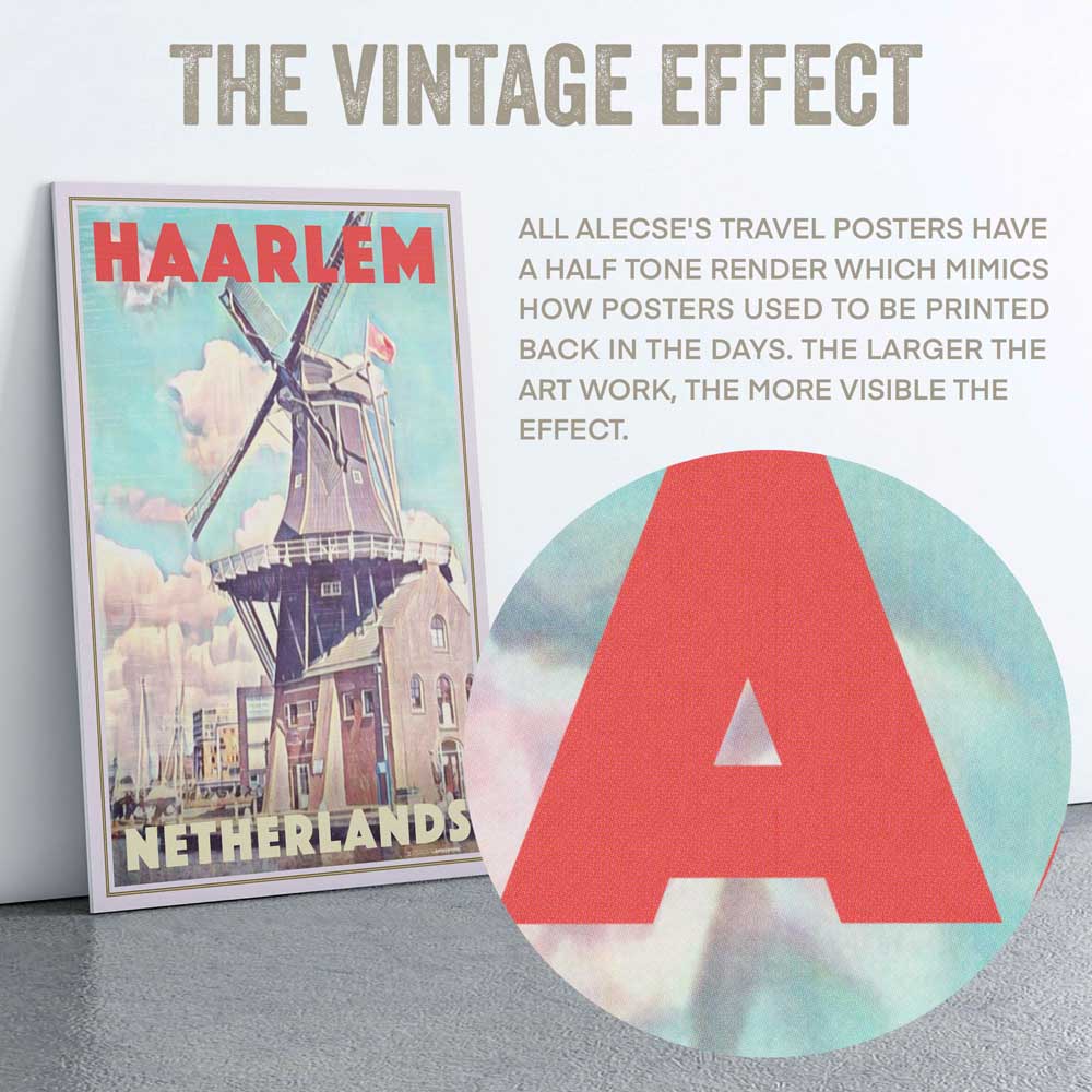 Macro detail of Alecse's Haarlem windmill poster with the characteristic half-tone render, capturing Dutch artistic tradition