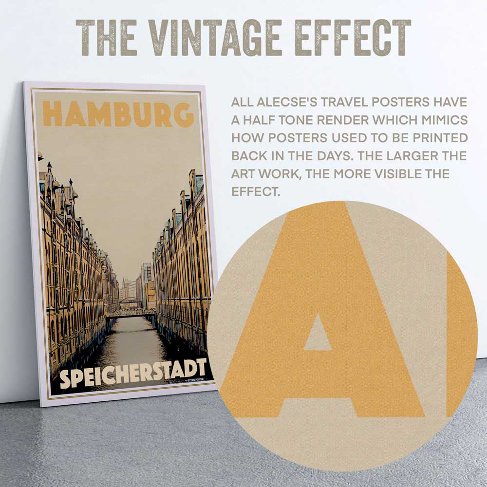 Alecse's signature half-tone style on the 'Speicherstadt' Hamburg poster, a detailed view of Germany's heritage