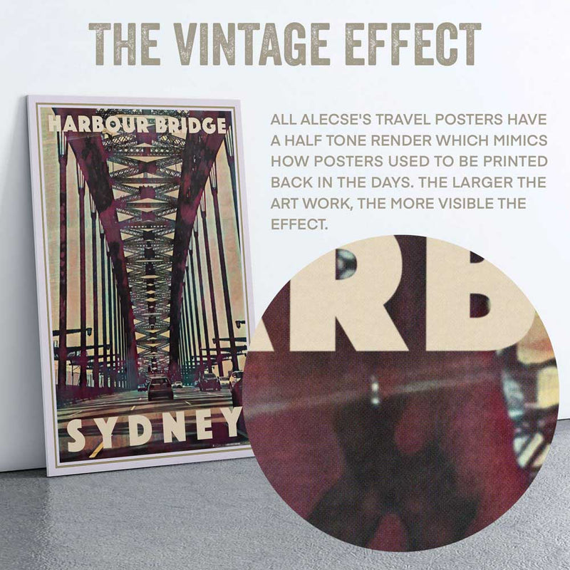 Macro view of the Harbour Bridge Sydney poster highlighting Alecse’s signature half-tone render effect, adding a nostalgic vintage texture
