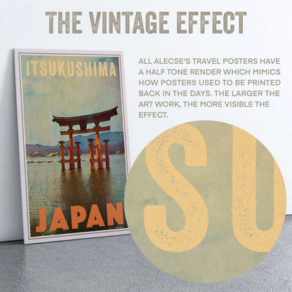 Alecse's 'Miyajima' poster detail, with a macro view of the half-tone render of Itsukushima Shrine's torii gate