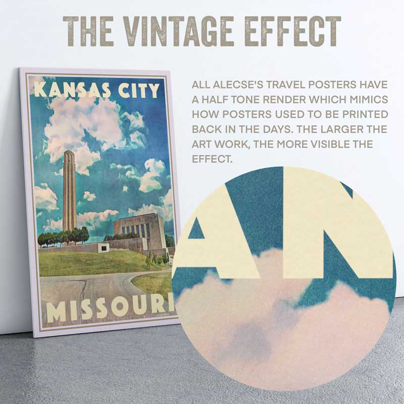 Macro shot of Alecse's poster texture showing the half-tone print style and soft focus depiction of Kansas City's Liberty Memorial