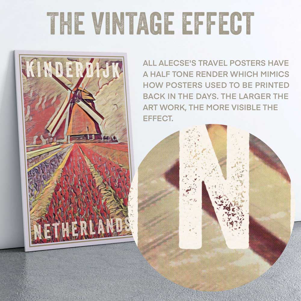 Detail of Kinderdijk Windmill Poster highlighting Alecse’s half-tone signature style, not pixelization