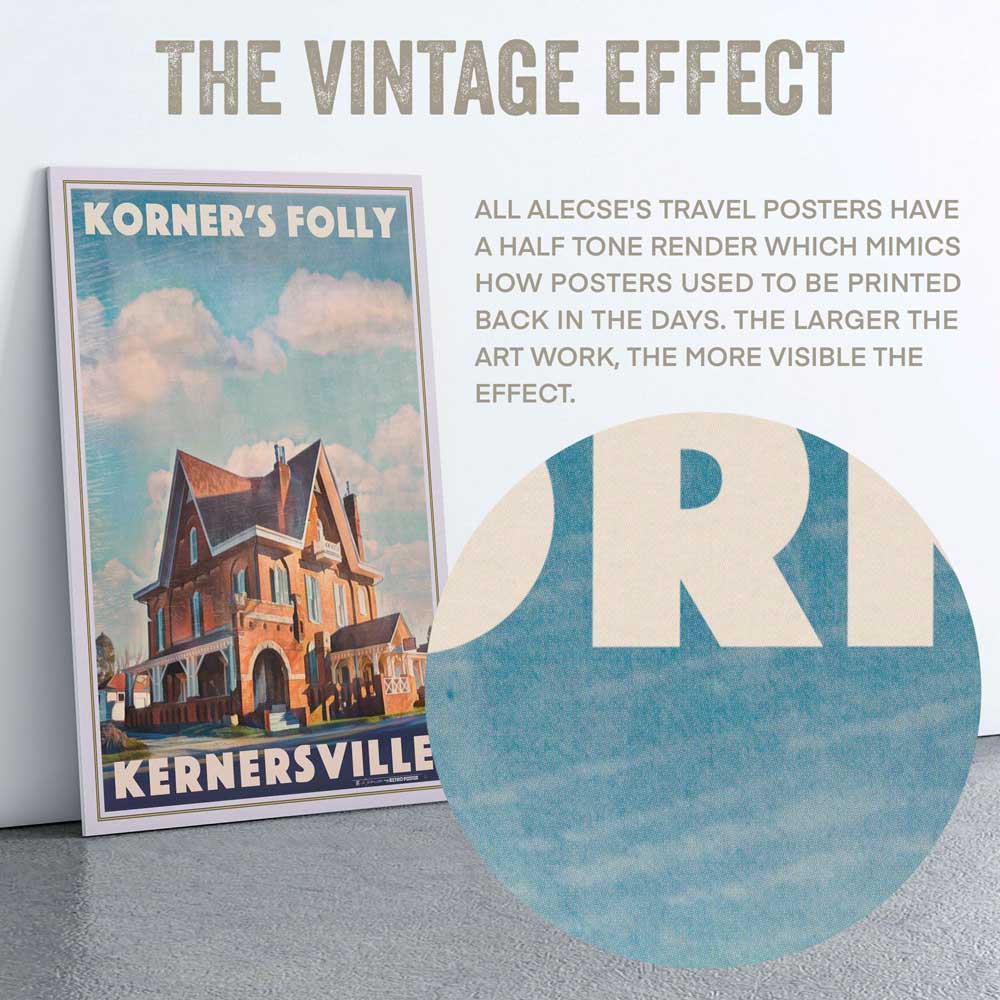 Alecse's signature half-tone illustration style captured in the Korner's Folly Kernersville poster