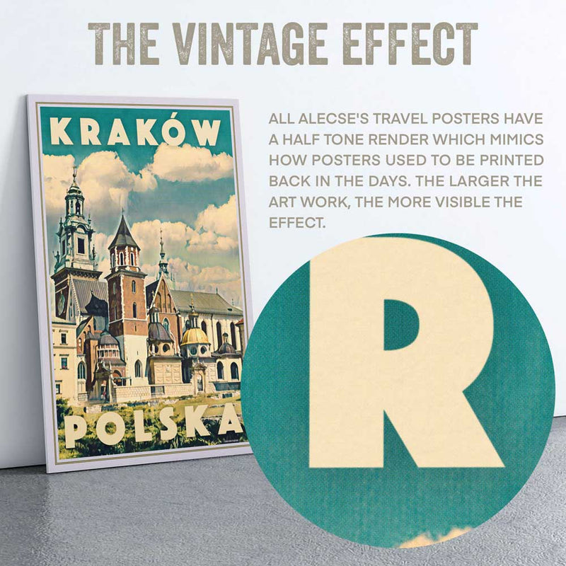 Macro view of halftone print texture on Kraków Wawel Cathedral poster, showing vintage-style grain and print pattern