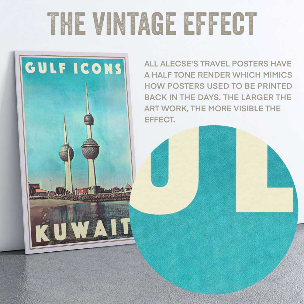 Vintage halftone effect on the Kuwait Towers poster – A close-up of the textured halftone printing effect, mimicking the printing techniques of old travel posters