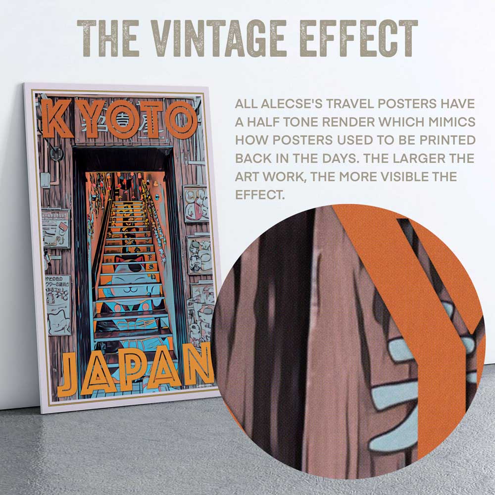 Vue détaillée de l'affiche Kyoto Lucky Cat d'Alecse, mettant en valeur le rendu en demi-teintes emblématique et l'art culturel