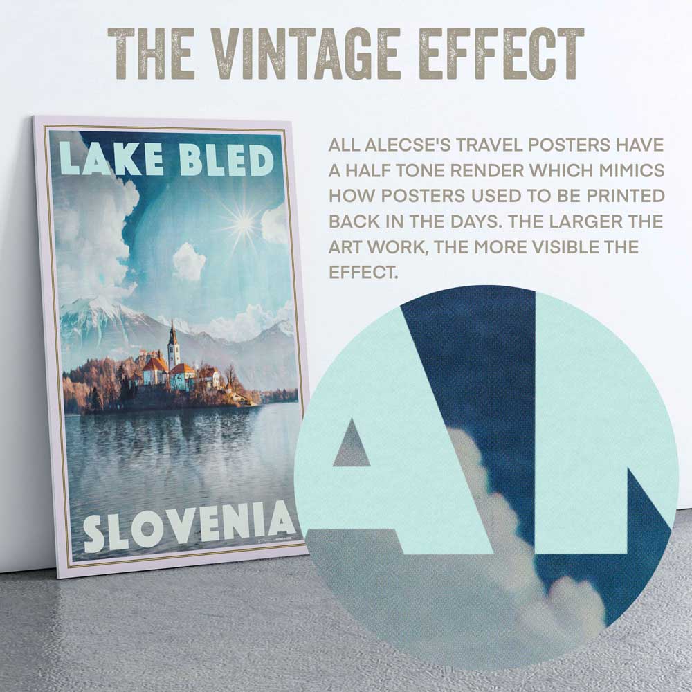Detailed View of Alecse’s Half-Tone Technique on Lake Bled Slovenia Poster - Exclusive Art