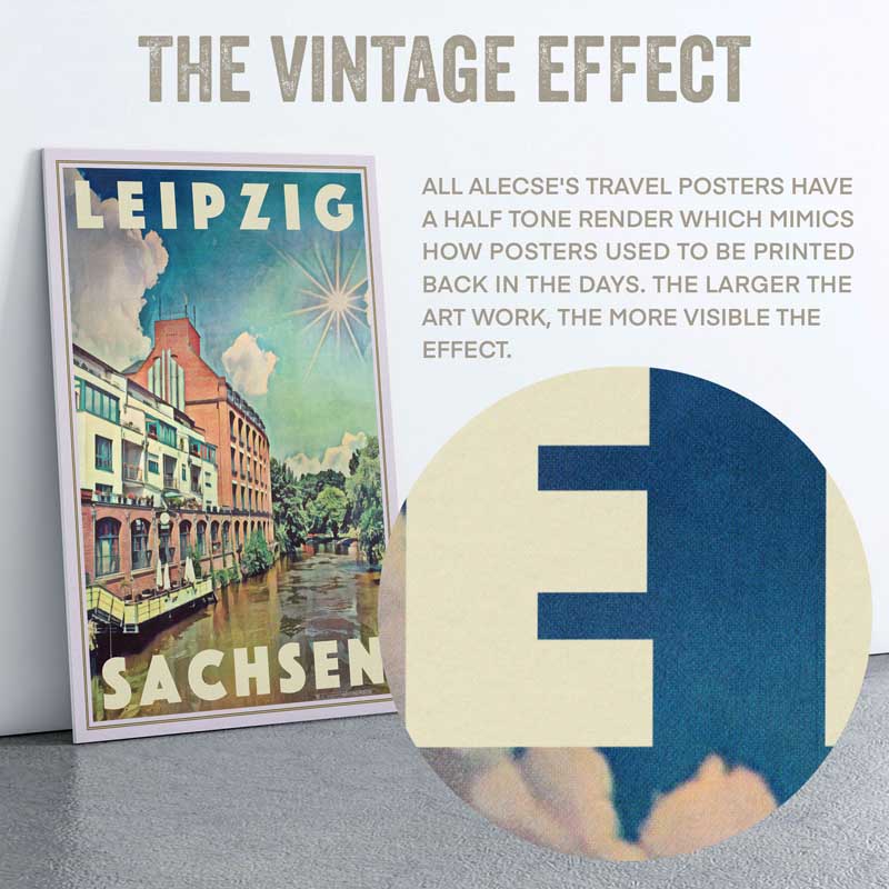 Detailed view of Alecse's signature halftone style on the 'Elster' Leipzig canal poster
