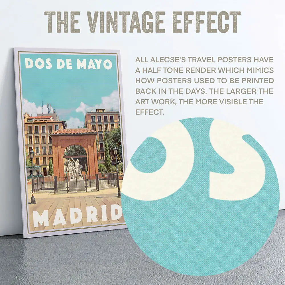 Close-up on the halftone texture of Alecse’s vintage-style Madrid poster.