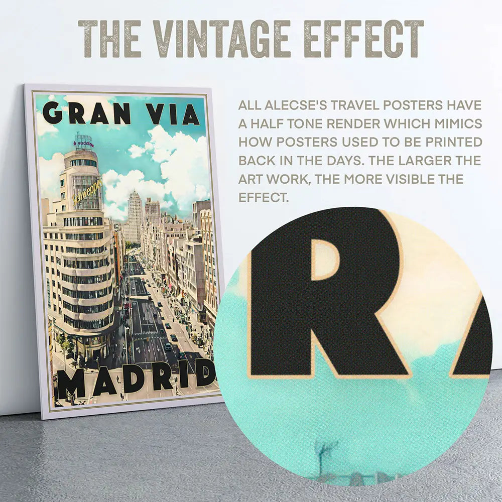 Zoomed halftone texture detail of Alecse’s Madrid Gran Vía art print