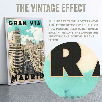 Zoomed halftone texture detail of Alecse’s Madrid Gran Vía art print