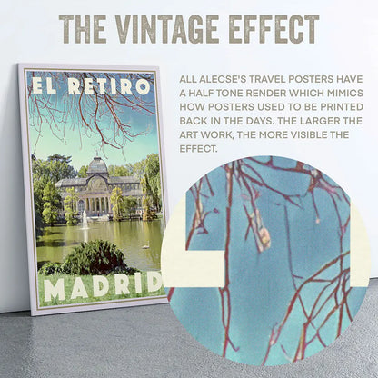 Close-up on the halftone texture of the El Retiro vintage travel poster