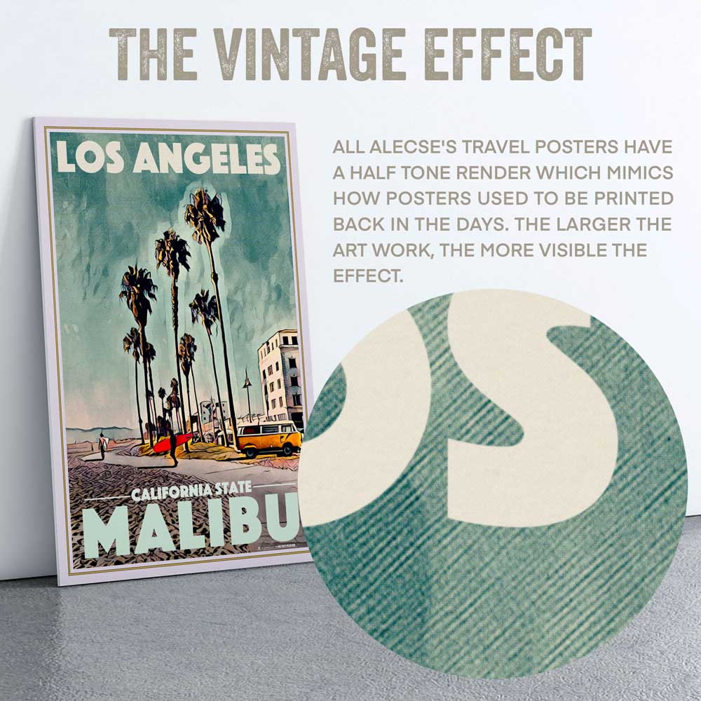 Gros plan sur la technique des demi-teintes d'Alecse sur l'affiche de Malibu Beach, capturant l'essence de la culture du surf.