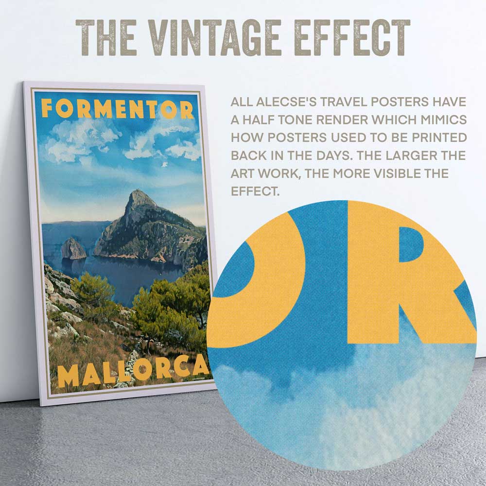 Macro view of the Formentor, Mallorca poster highlighting Alecse’s signature half-tone render effect, adding a nostalgic vintage texture
