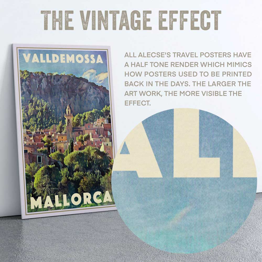 Macro view of the Valldemossa Mallorca poster, highlighting Alecse’s signature half-tone render effect, adding a nostalgic vintage texture
