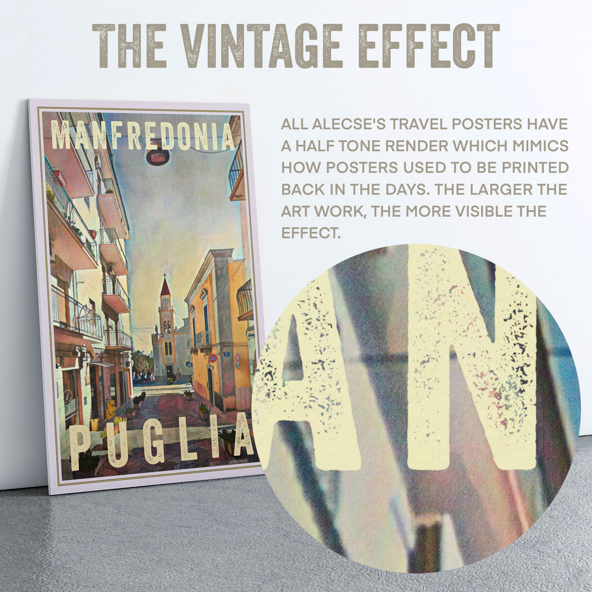 Close-up of the half-tone render on the Puglia poster of Manfredonia by Alecse