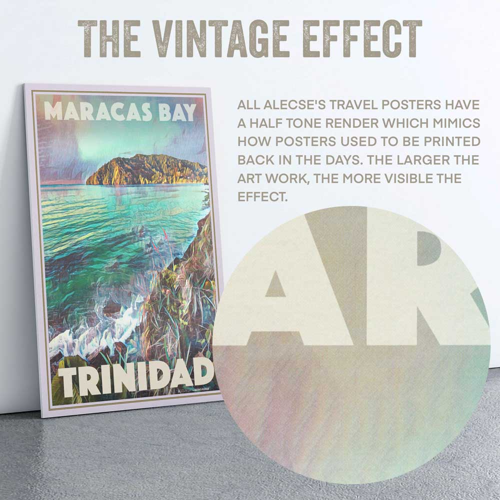 Close-up of Alecse's unique halftone technique on the Maracas Bay poster, showcasing artistic detail