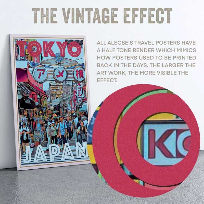 Detail of Alecse's signature half-tone render on Tokyo Market Poster – Unique Vintage Travel Art Style