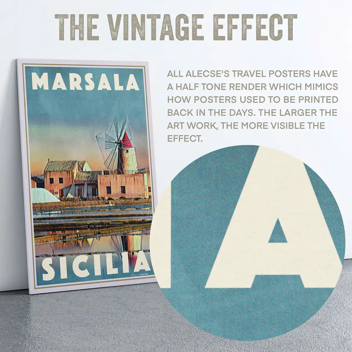Vintage halftone rendering detail on the Marsala Sicily poster, inspired by classic mid-century travel prints