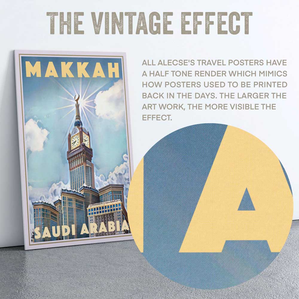 Detailed view of Alecse's poster showcasing the half-tone technique on the Abraj Al Bait Clock Tower, symbolizing Mecca's essence.