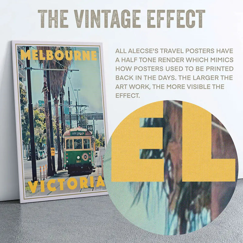 Detail view of Melbourne City Circle tram vintage poster by Alecse, showing halftone texture and retro typography