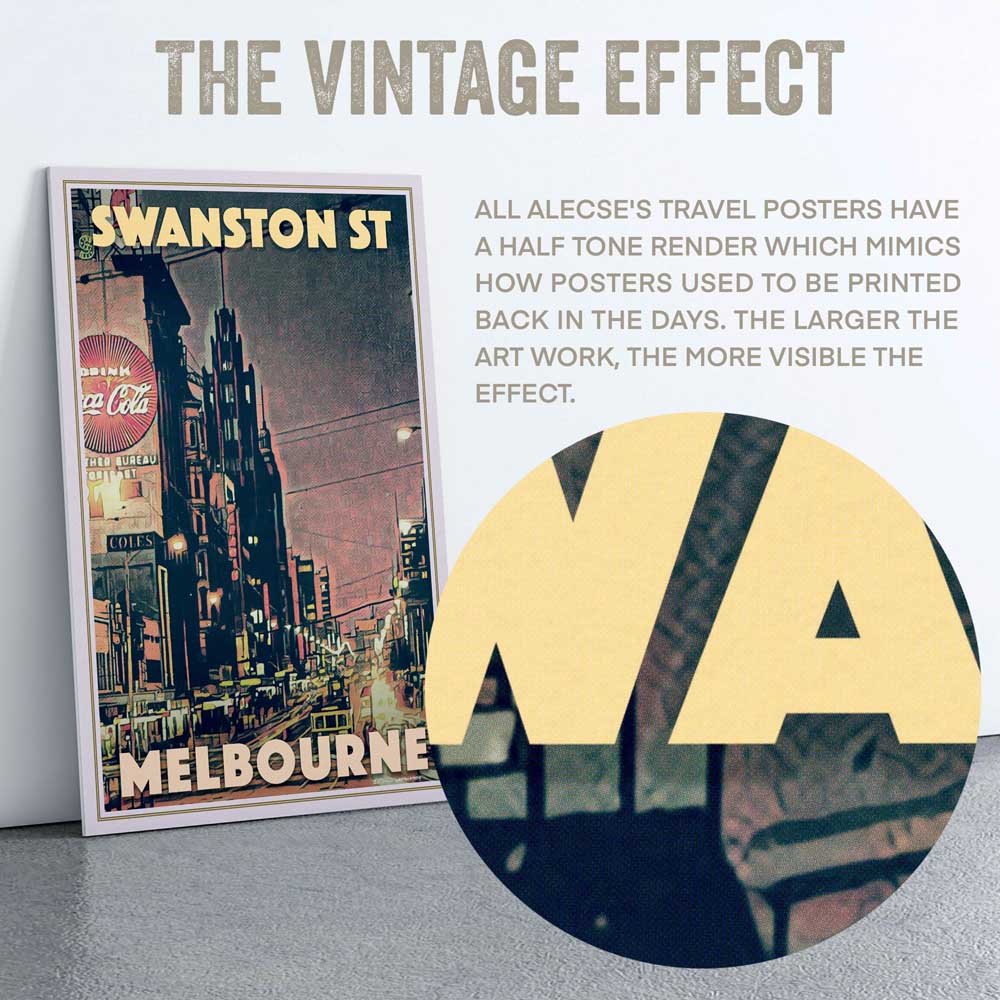 Macro shot of Swanston Street Poster emphasizing Alecse’s signature half-tone technique, distinctive to his art