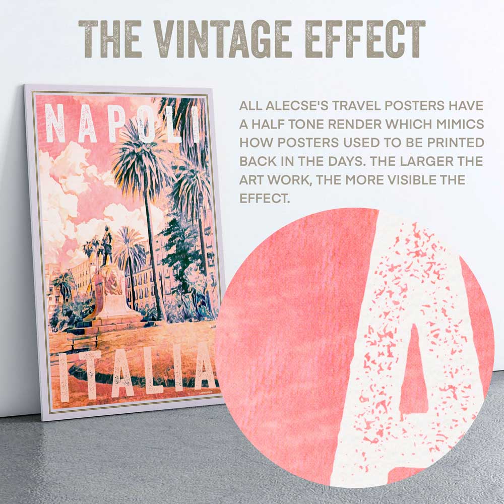 Macro view of the Napoli Pink poster highlighting Alecse’s signature half-tone render effect, adding a vintage texture