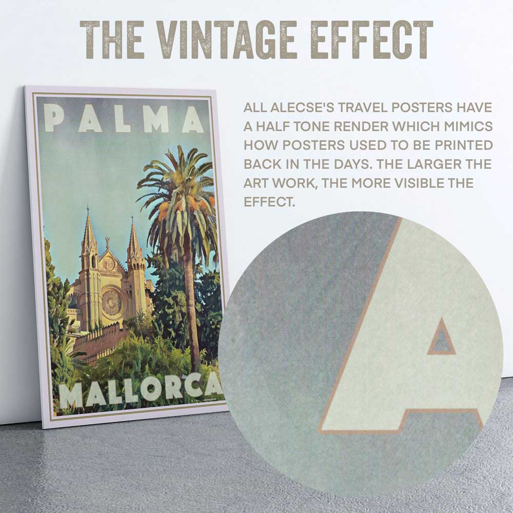 Macro shot of the poster’s title area, showcasing Alecse’s signature half-tone render, a hallmark of his travel posters