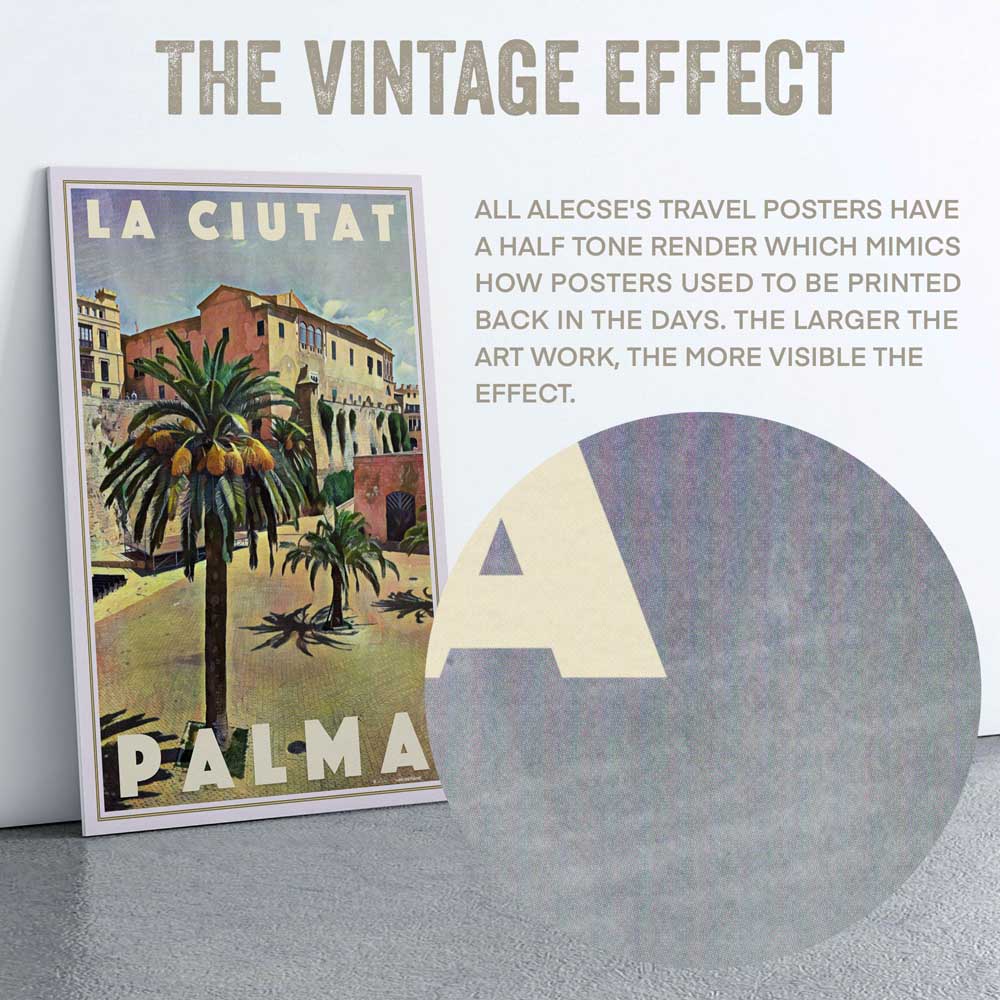 Macro view of the La Ciutat Palma poster, highlighting Alecse’s signature half-tone render effect, adding a nostalgic vintage texture