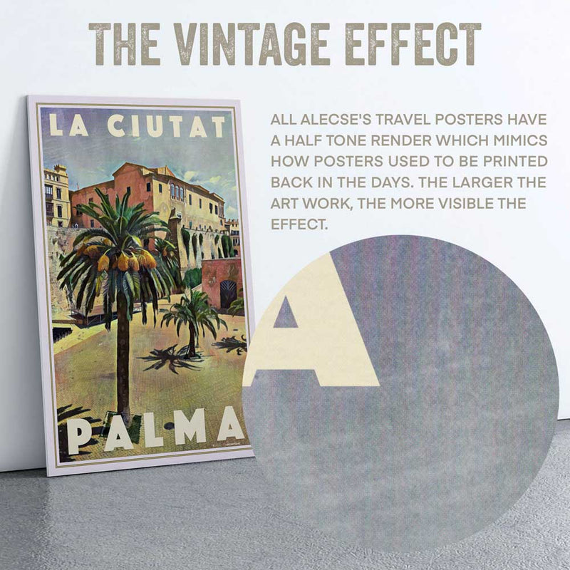 Macro view of the La Ciutat Palma poster, highlighting Alecse’s signature half-tone render effect, adding a nostalgic vintage texture