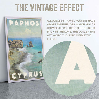 Macro shot of the Petra tou Romiou poster, showing Alecse’s half-tone render technique, reminiscent of classic printmaking