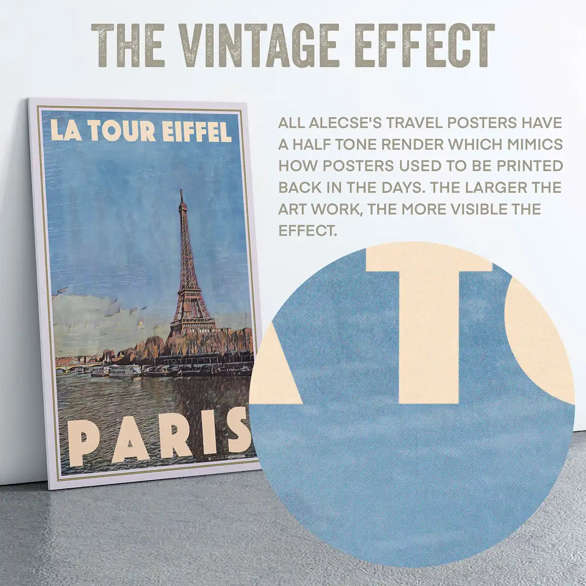 The Vintage Effect detail showing halftone texture on Alecse’s Paris poster