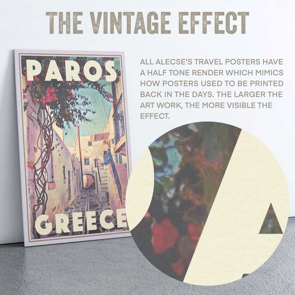 Close-up on Paros Greece poster featuring Alecse's half-tone art technique