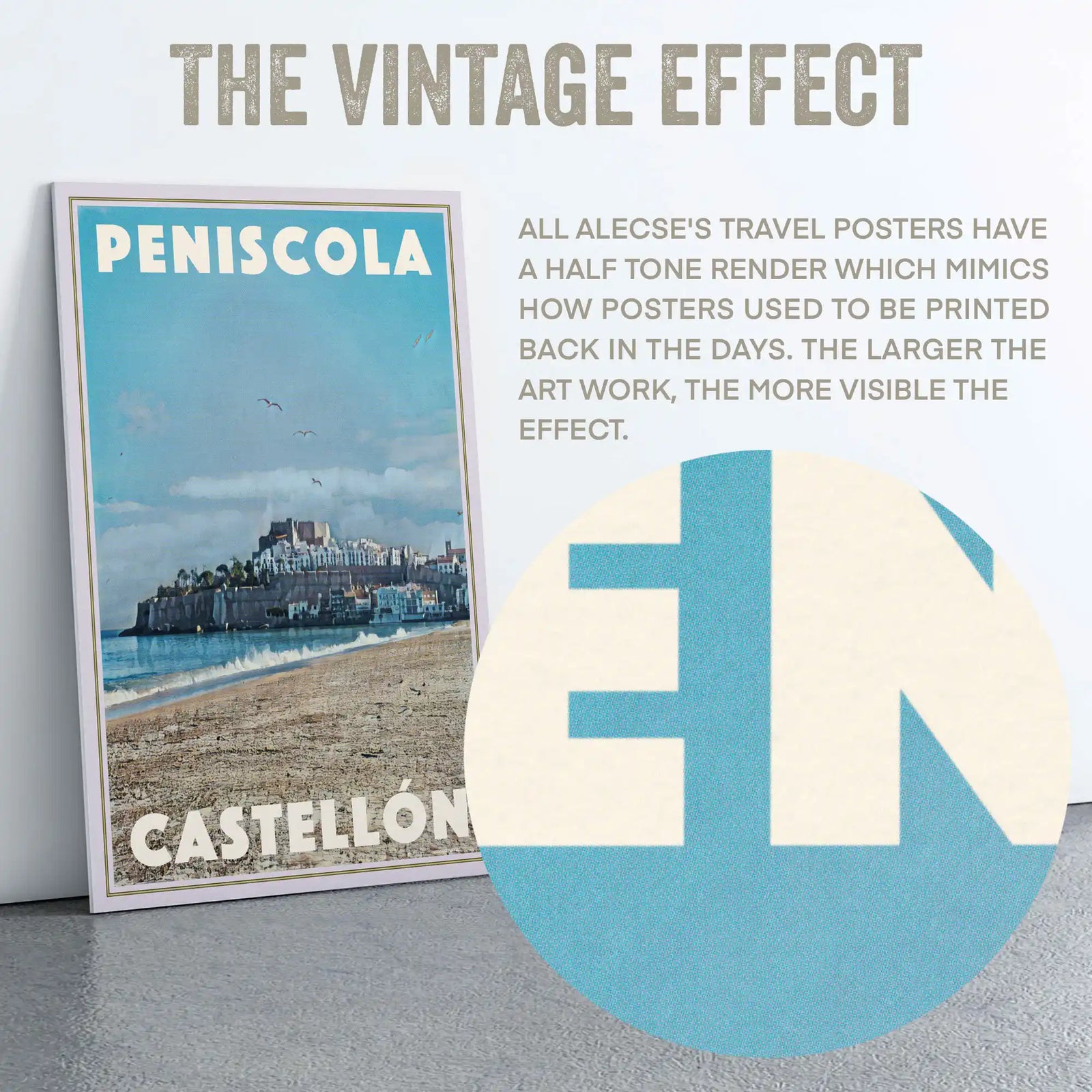 Macro shot showing the halftone vintage texture on the Peniscola art print