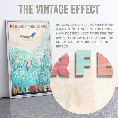 Macro view of Alecse's signature halftone style on the Maldives Perfect Holidays poster.