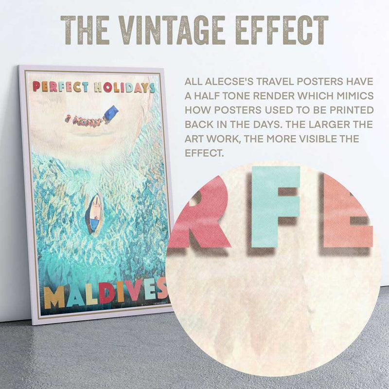 Macro view of Alecse's signature halftone style on the Maldives Perfect Holidays poster.