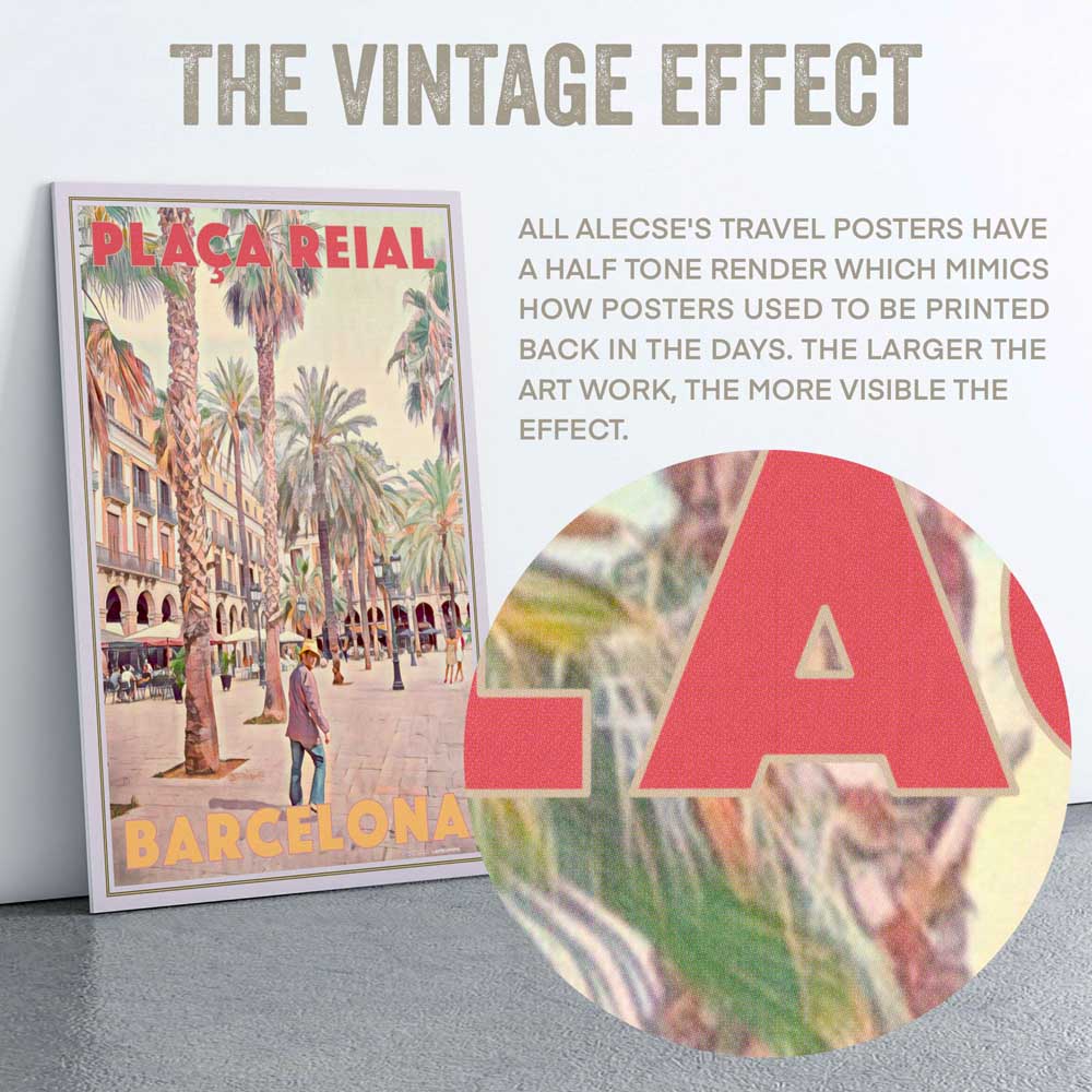 Close-up detail of Plaça Reial Barcelona poster showing halftone vintage print effect and pastel color palette, limited edition art print