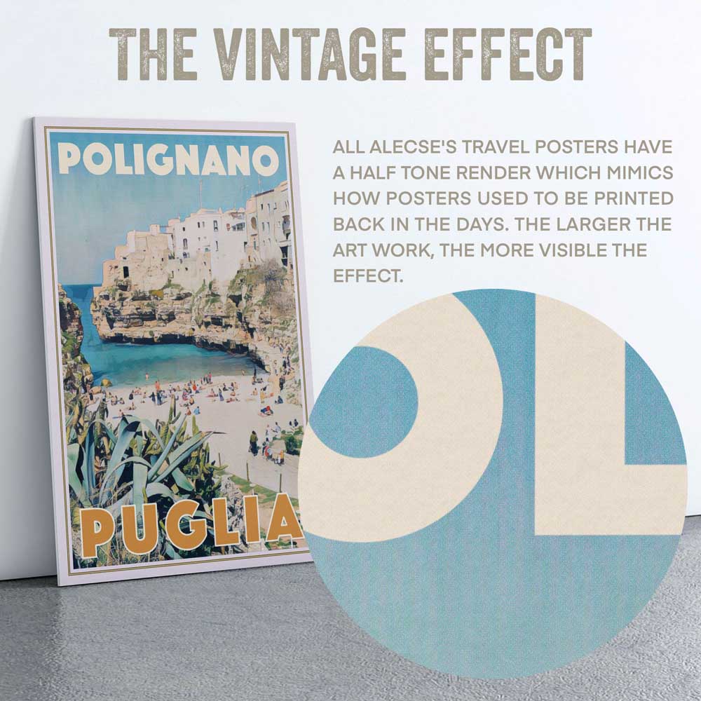 Detail of the Polignano Puglia poster by Alecse, featuring the distinctive half-tone render technique
