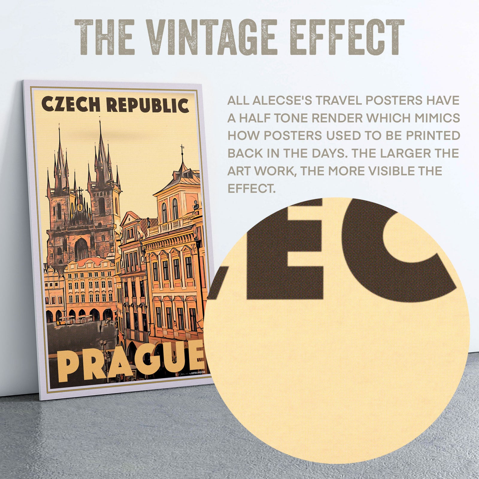 Close-up of Alecse's Prague artwork, featuring a half-tone style and soft-focus depiction