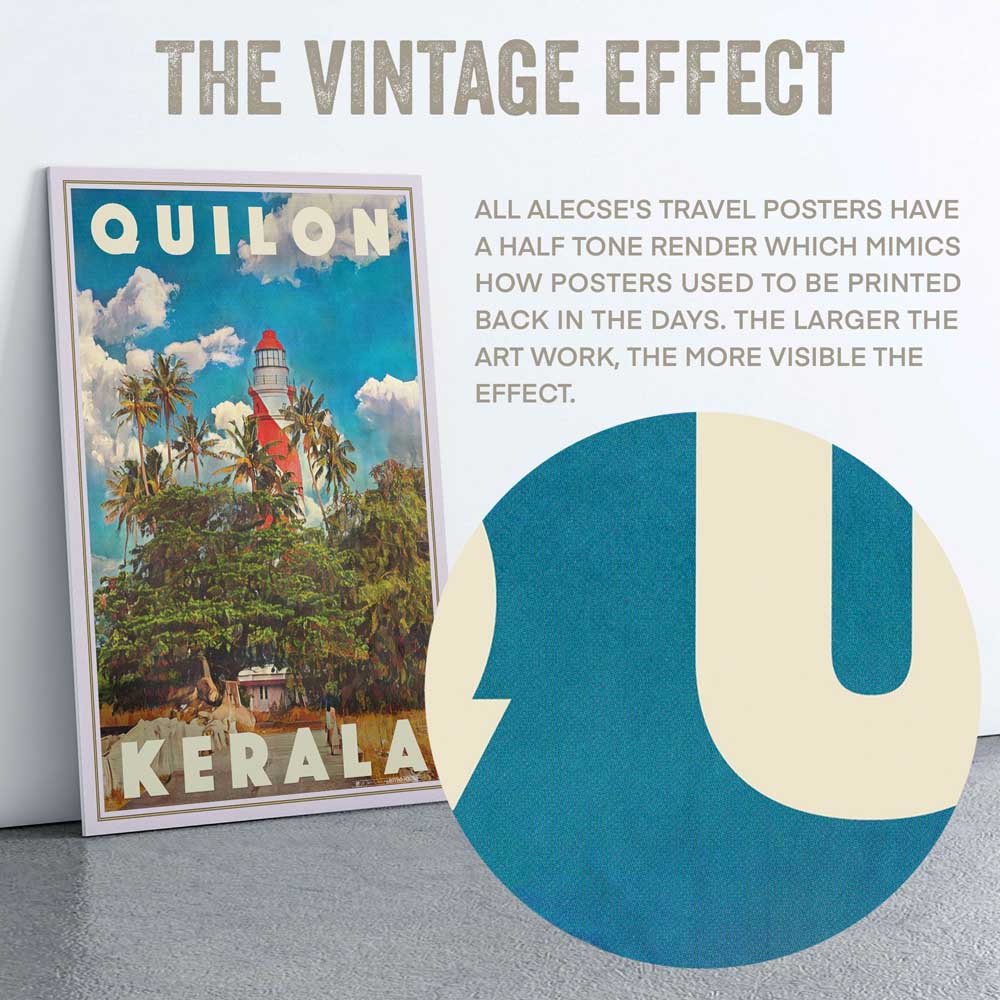 Zoomed-in section of the Quilon Kerala poster, demonstrating Alecse’s signature half-tone render, adding a vintage travel poster feel