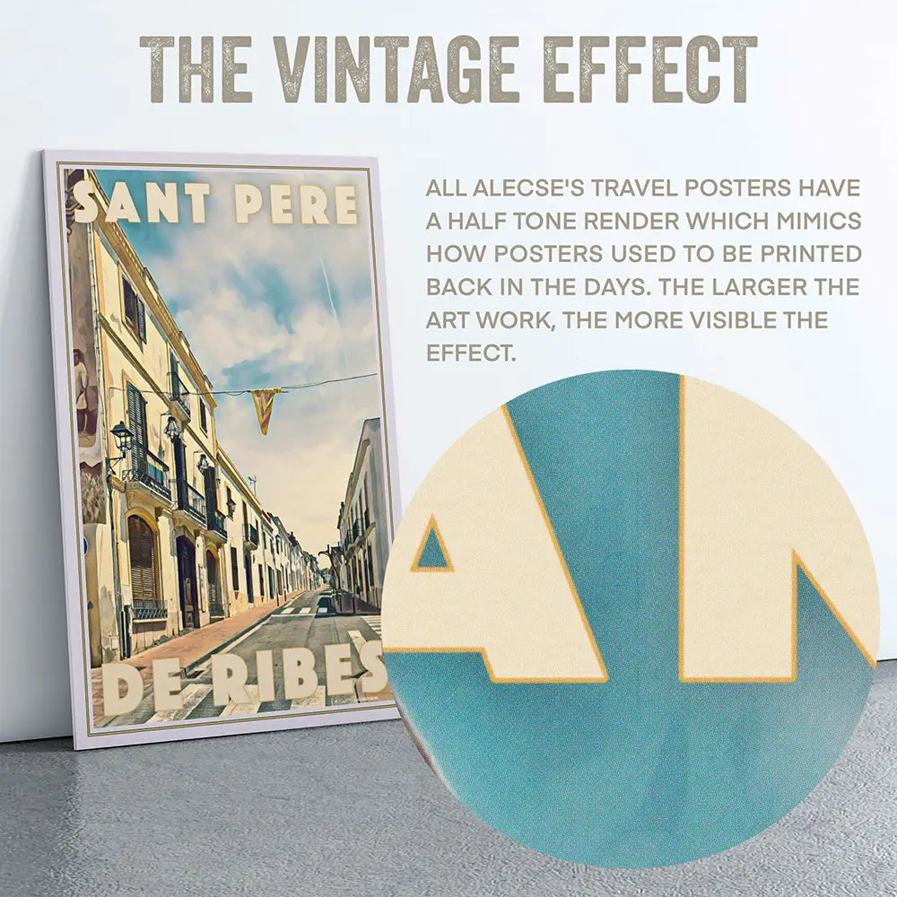 Magnified view of the halftone vintage texture used in Alecse’s Ribes Catalunya poster, showing the grain and colour layering