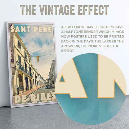 Magnified view of the halftone vintage texture used in Alecse’s Ribes Catalunya poster, showing the grain and colour layering