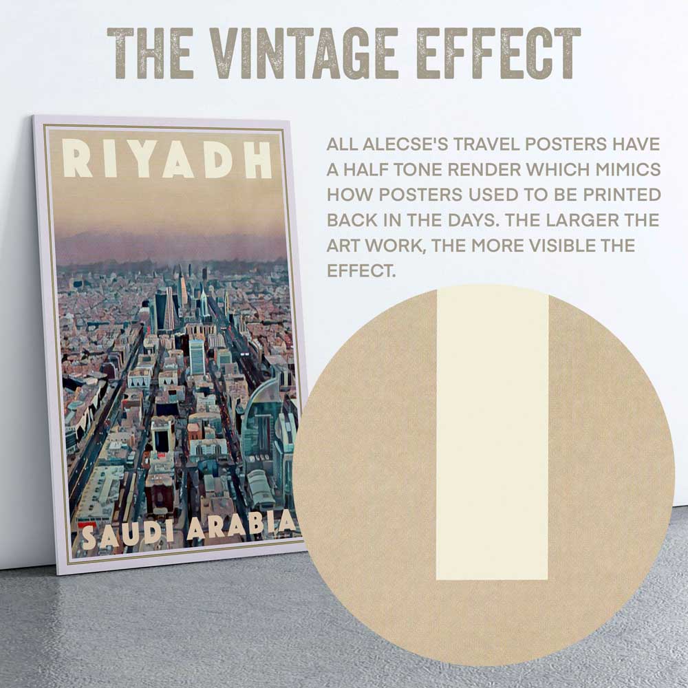 Close-up of the Riyadh Skyline art print with half-tone render effect for a retro aesthetic